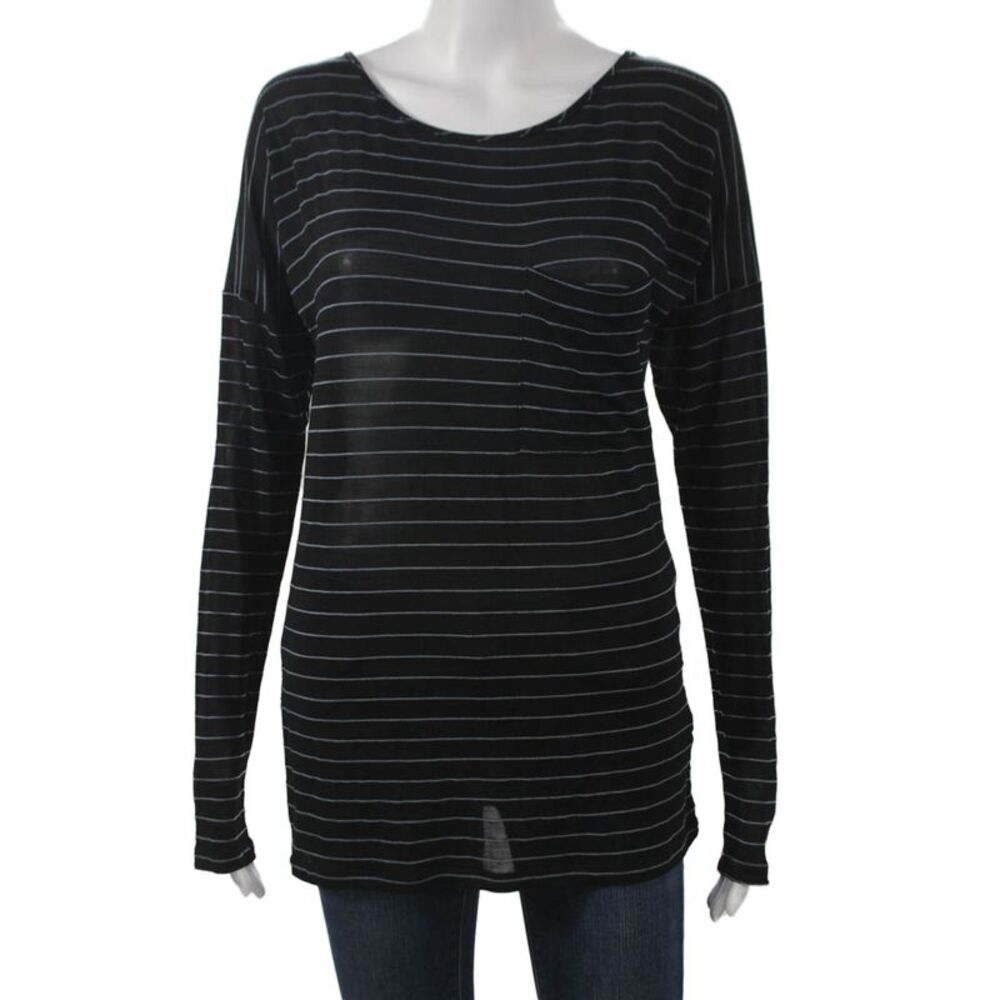 Petit Pois Womens Striped Black Scoop Neck Long Sleeve T-Shirt Size S